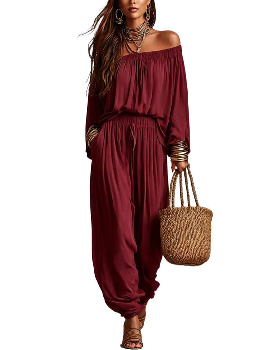 Damen Off-Shoulder Jumpsuit mit elastischem Taillenbund und weitem Plissee-Hosenbein Nord Taschen