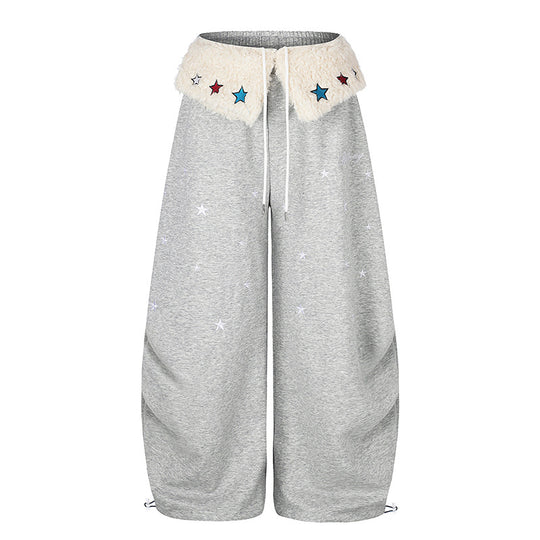 Damen Extraweite Palazzo-Jogginghose mit Teddybund, Kordelzug und Sternstickerei Nord Taschen
