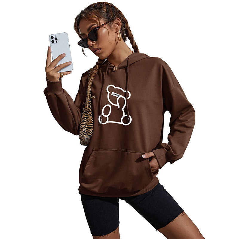 Damen Oversize-Kapuzenpullover mit Teddy-Grafik, Kängurutasche und Tunnelzug Nord Taschen