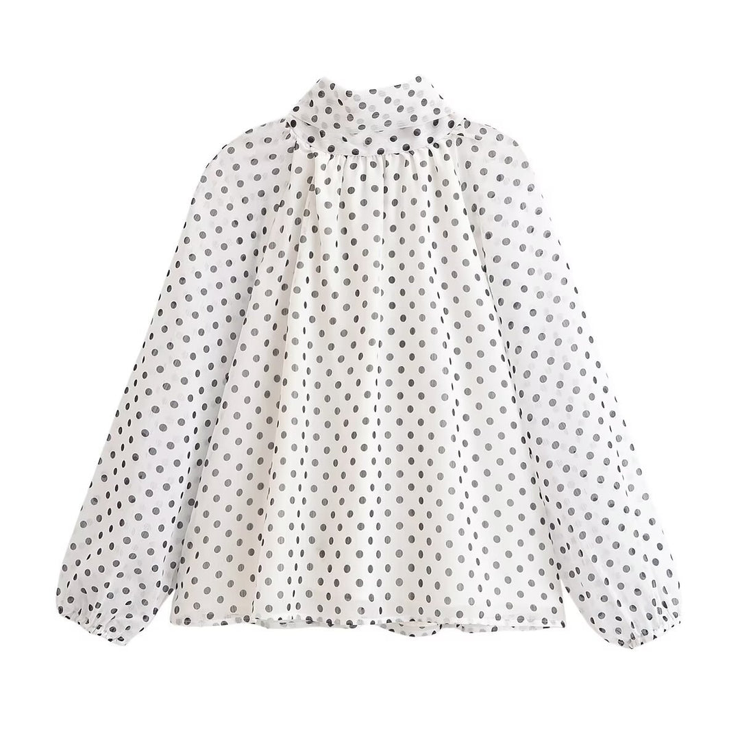 Damen Leichte Chiffonbluse mit Stehkragen, Volumenärmeln und Polka-Dot-Print Nord Taschen