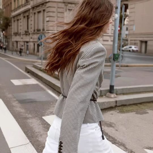 Damen Kurzblazer Doppelreihig im Vichy‑Karo mit Tunnelzug‑Taille Nord Taschen
