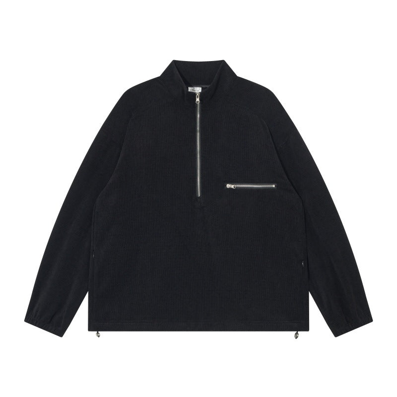 Unisex Oversize Halbzip-Pullover aus Cord‑Mix mit Brust-Reißverschlusstasche und Kordelzugsaum Nord Taschen
