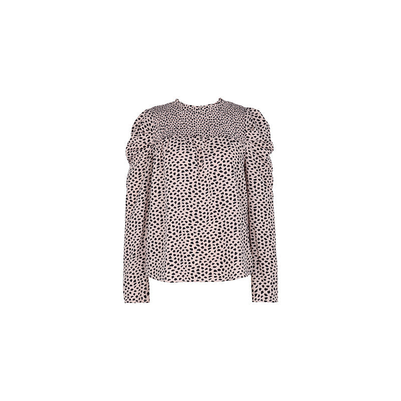 Damen Gepunktete Bluse mit Smok‑Passe, Puffärmeln und lockerem Fall Nord Taschen