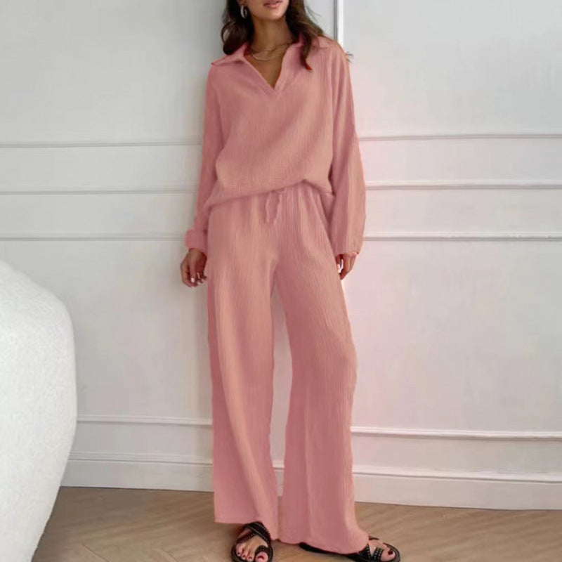 Damen Leichtes Crinkle-Lounge-Set mit V-Ausschnitt und weiter High-Waist-Hose Nord Taschen