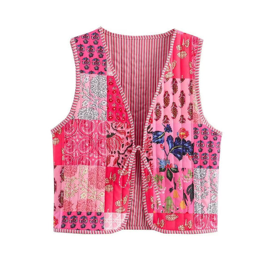 Damen Patchwork-Weste mit Bindeband und V-Ausschnitt Nord Taschen