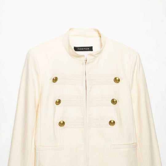 Damen Cropped Militärblazer mit Stehkragen, Zierstreifen und goldenen Statementknöpfen Nord Taschen