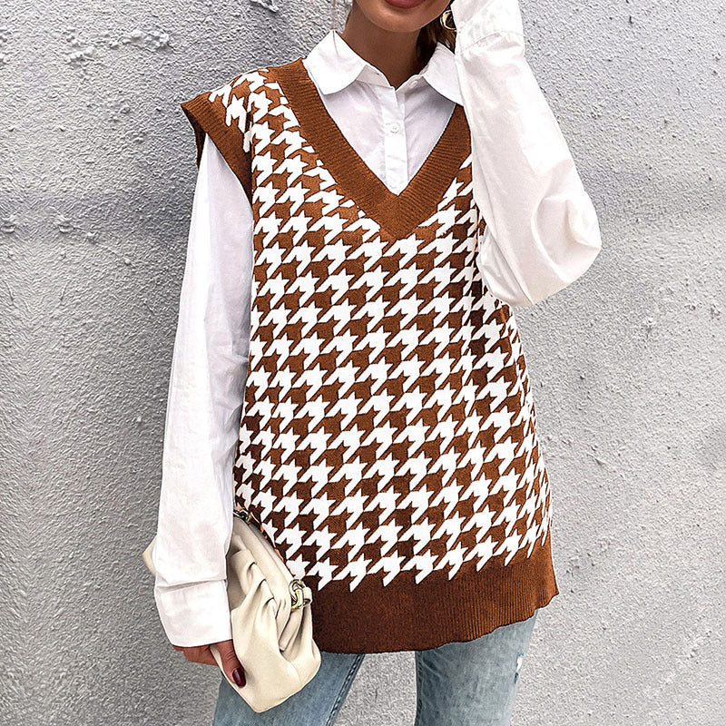 Damen Hochwertiger Strickpullover mit V-Ausschnitt und Hahnentrittmuster Nord Taschen