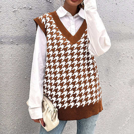 Damen Hochwertiger Strickpullover mit V-Ausschnitt und Hahnentrittmuster Nord Taschen