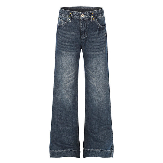 Damen Weite High‑Waist Denim Palazzo-Jeans mit weitem Bein und Vintage-Waschung Nord Taschen