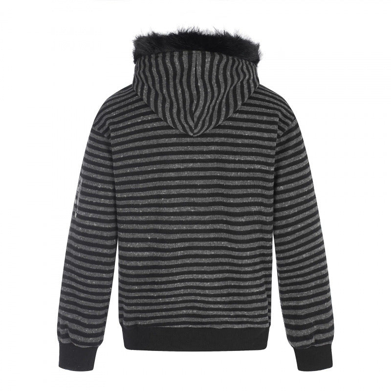Unisex Gestreifte Kapuzen-Zipjacke mit Kunstfellkapuze und Statement-Frontprint Nord Taschen