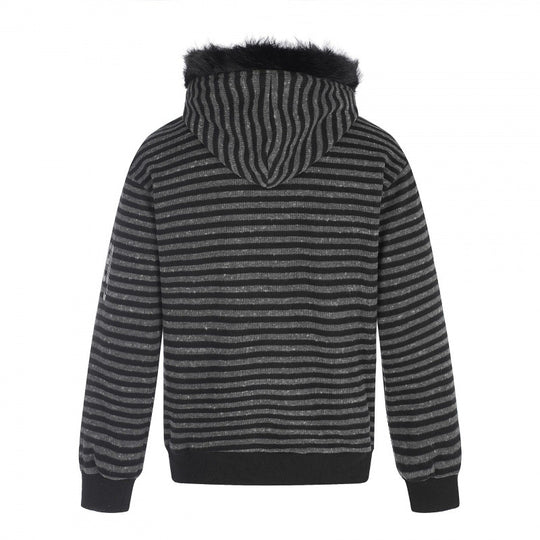 Unisex Gestreifte Kapuzen-Zipjacke mit Kunstfellkapuze und Statement-Frontprint Nord Taschen