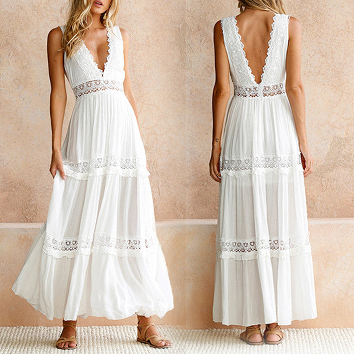 Damen elegantes Maxikleid mit Spitzenakzenten und tiefer Rückenpartie