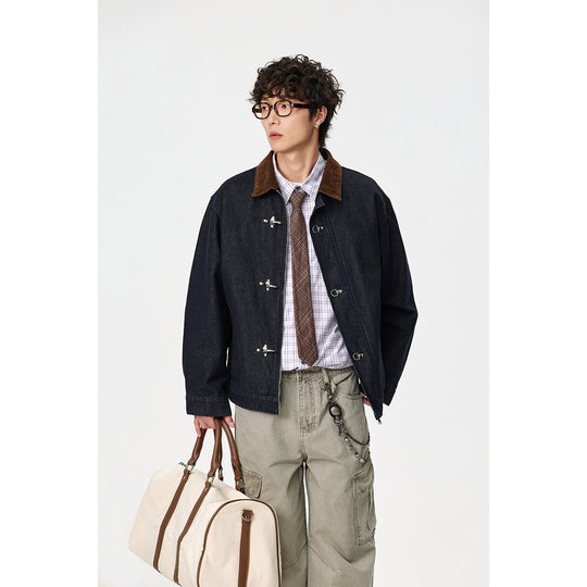 Herren Kastig geschnittener Denim‑Workwear‑Blouson mit Cord‑Umlegekragen und metallischen Hakenverschlüssen Nord Taschen