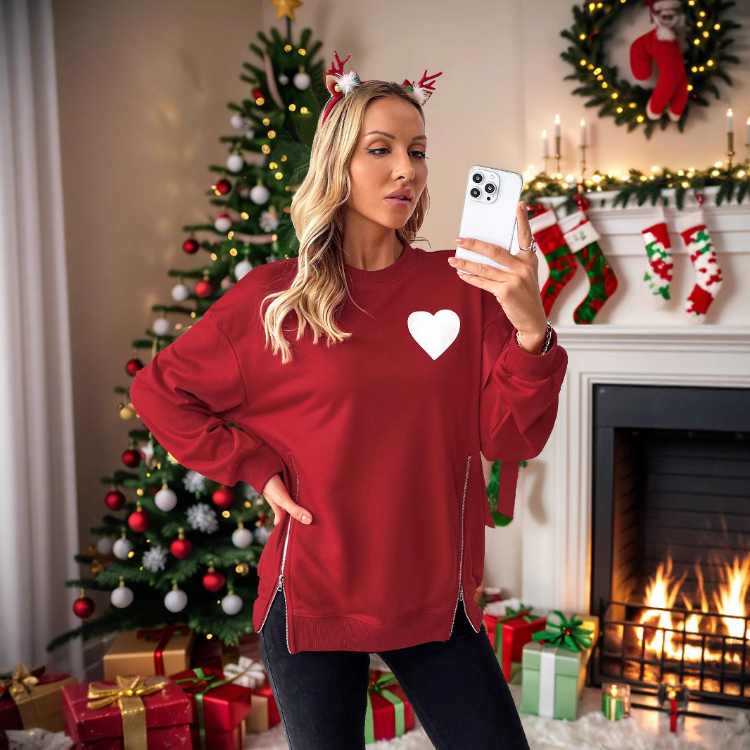 Damen Weihnachtlicher Sweatshirtpullover mit Herzapplikation und Seitenschleifen Nord Taschen