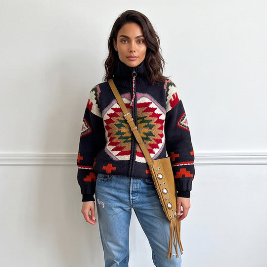 Damen Jacquard-Strickjacke mit Navajo‑Muster, Reißverschluss und hohem Kragen Nord Taschen