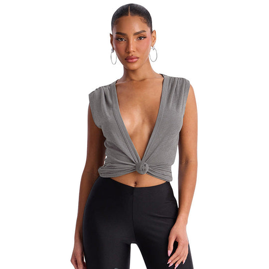 Damen Stylishes Wickeloberteil mit tiefem V-Ausschnitt und Knoten-Detail