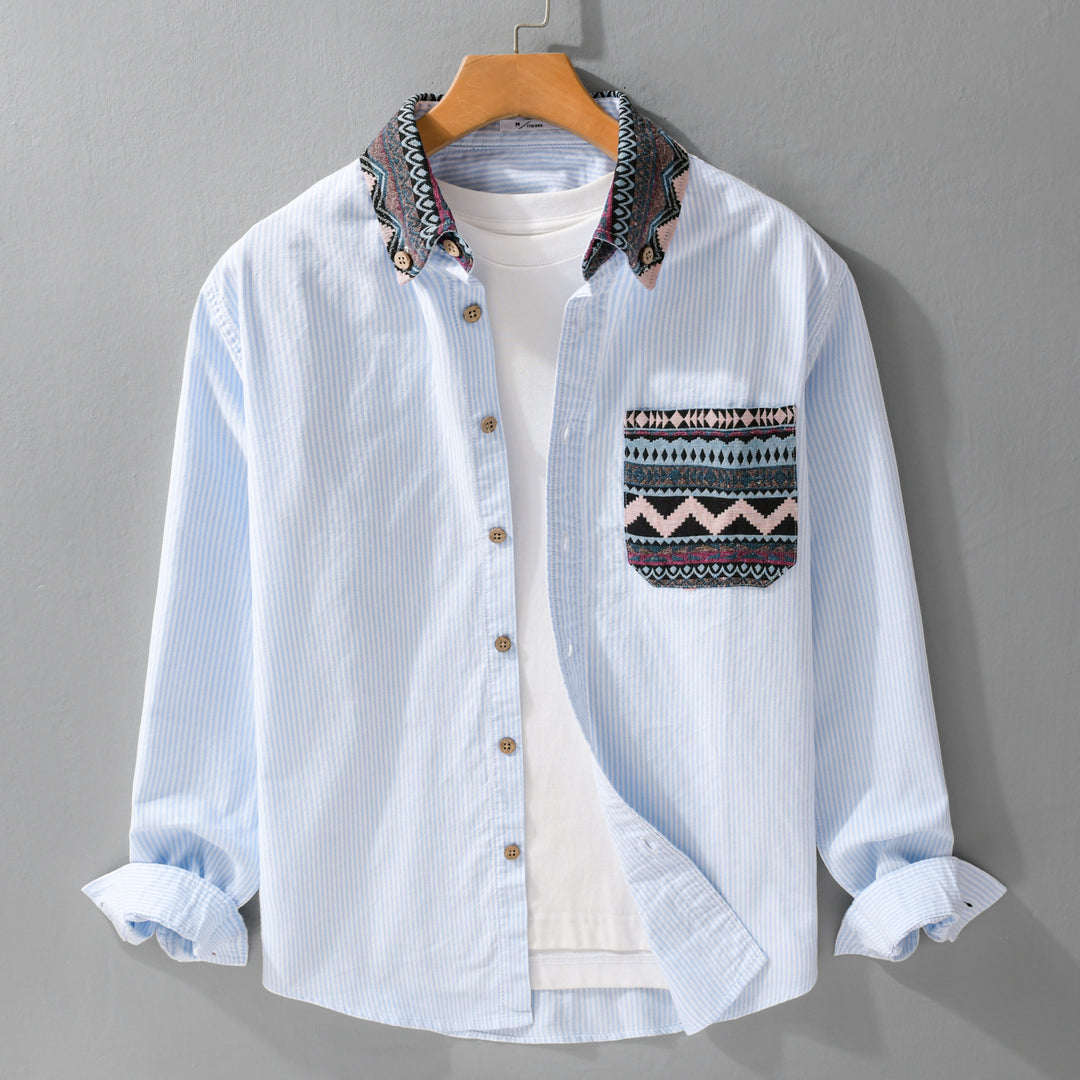Herren Gestreiftes Baumwollhemd mit Jacquard-Kragen und Taschenbesatz Nord Taschen