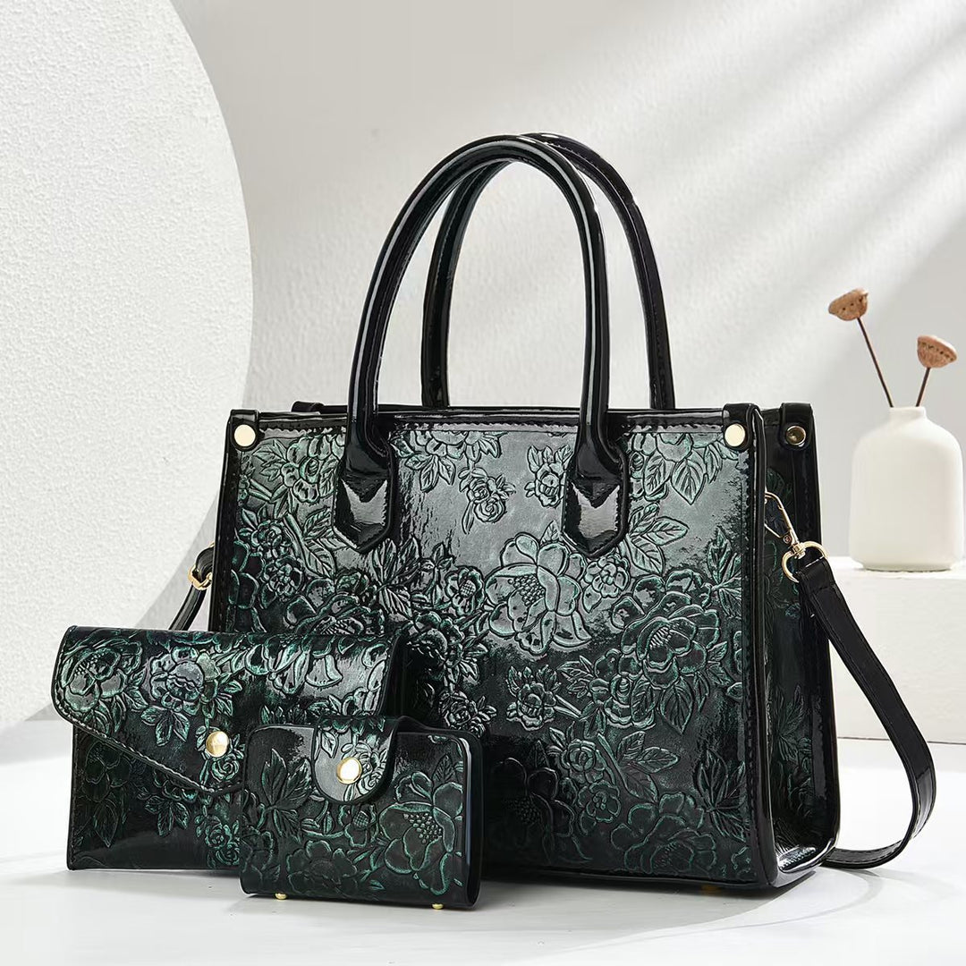 Damen elegante Handtasche mit floraler Prägung und abnehmbaren Zubehör Nord Taschen