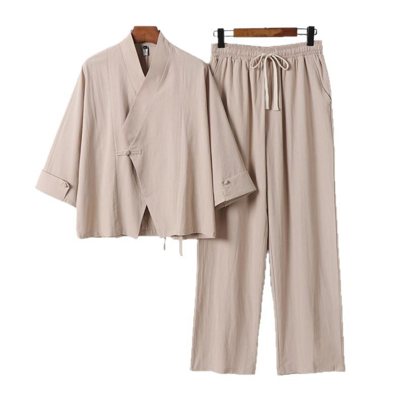 Unisex Leichtes Zen-Lounge-Set im Kimono-Stil mit überschnittener Schulter verdeckter Knotenleiste und elastischer Tunnelzughose Nord Taschen