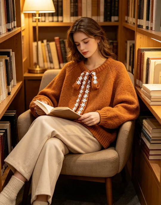 Damen Oversize Strickpullover mit dekorativem Blumen-Spitzenband Nord Taschen