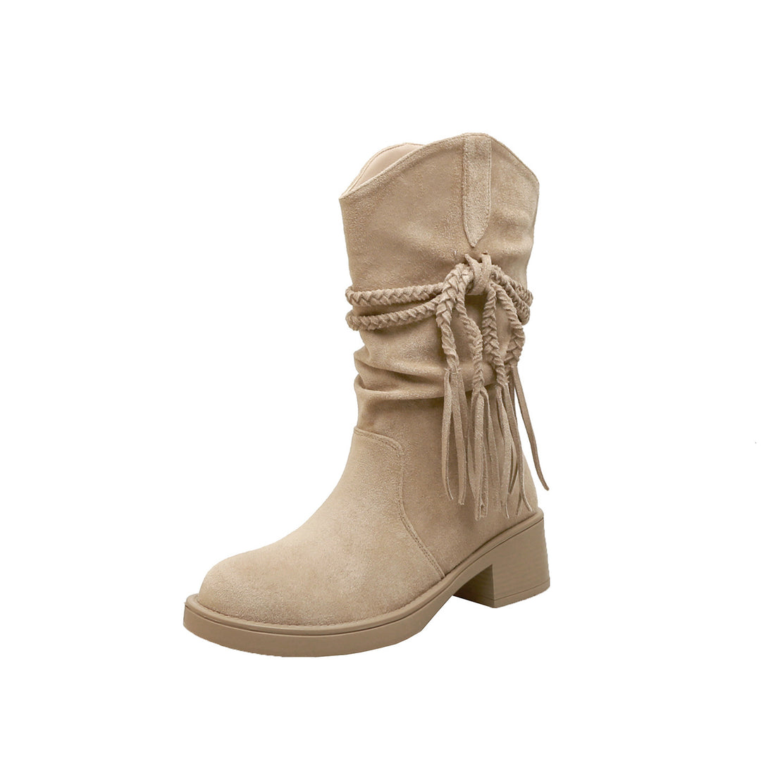 Damen Wadenhohe Veloursleder-Stiefel mit geflochtenem Quastenriemen Nord Taschen