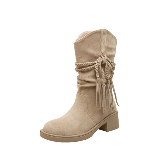 Damen Wadenhohe Veloursleder-Stiefel mit geflochtenem Quastenriemen Nord Taschen