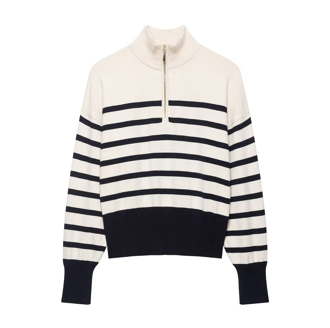 Damen Cropped Boxy Strickpullover mit halbem Reißverschluss, Stehkragen und breiten Streifen Nord Taschen