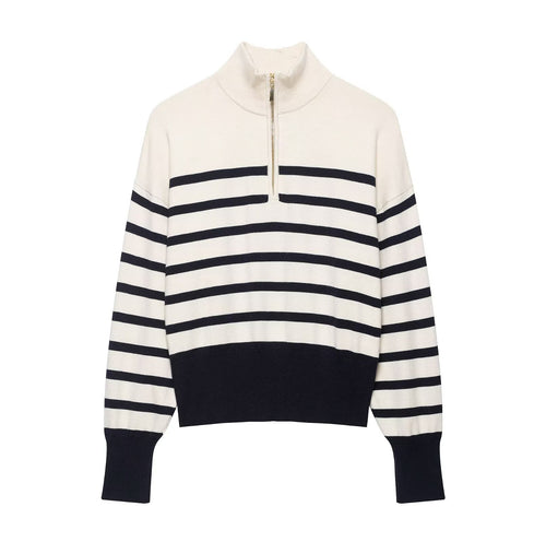 Damen Cropped Boxy Strickpullover mit halbem Reißverschluss, Stehkragen und breiten Streifen Nord Taschen
