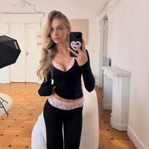 Damen Figurbetontes Lounge-Set mit Spitzendetail, High‑Waist Leggings & Crop-Top Nord Taschen