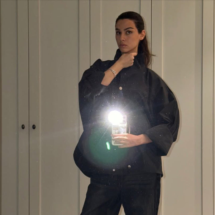 Damen Oversize-Hemdjacke mit Stehkragen, kastiger Silhouette und Druckknopf-Leiste Nord Taschen