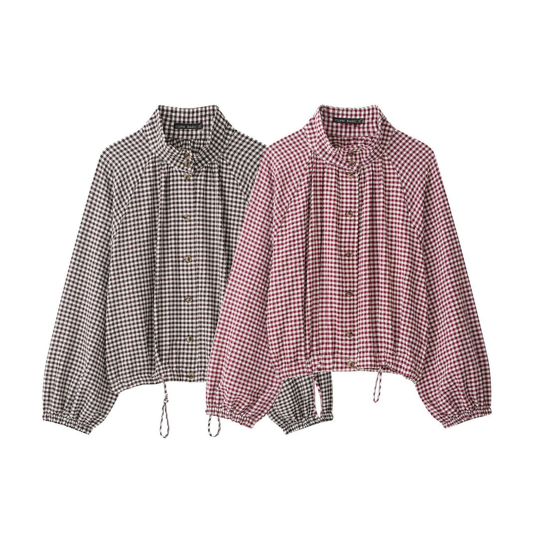 Damen 10+ kariertes Cropped‑Blusenjacke mit Stehkragen, Tunnelzugsaum und Ballonärmeln Nord Taschen