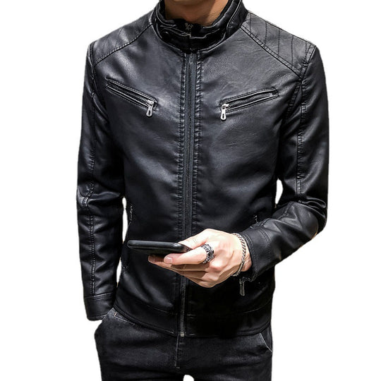 Herren Slim-Fit Kunstleder‑Racerblouson mit Stehkragen und Reißverschluss‑Brusttaschen Nord Taschen