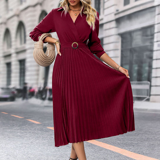 Damen Midi-Faltenkleid mit Wickeloberteil, Taillengürtel und Plissee-Rock Nord Taschen