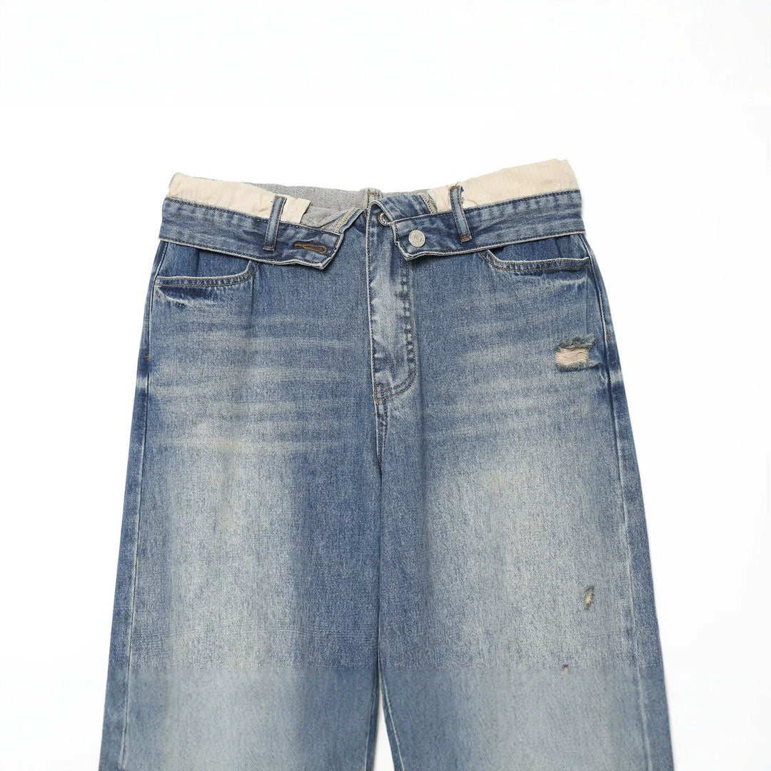 Damen Weite Ripped Denim‑Jeans mit Knie‑Löchern und hoher Leibhöhe Nord Taschen