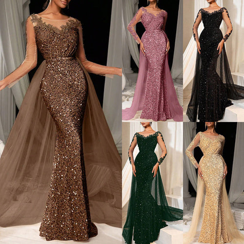 Damen Glamouröses Abendkleid mit schimmerndem Spitzenoberteil und fließendem Tüllumhang Avellé