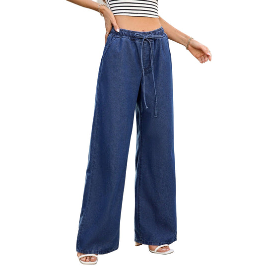 Damen hochgeschnittene weite Denim-Hose mit elastischem Tunnelzugbund Nord Taschen