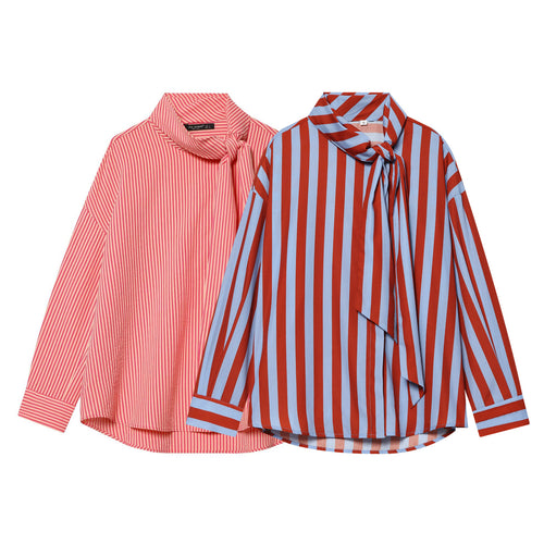 Damen Oversize Bluse mit Schleifenkragen und feinen Streifen Nord Taschen