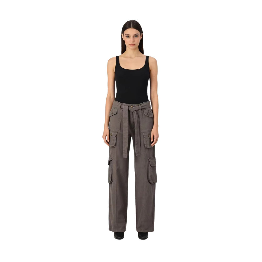 Damen weite Cargo-Hose mit hoher Taille, Bindegürtel und mehreren aufgesetzten Klappentaschen Nord Taschen