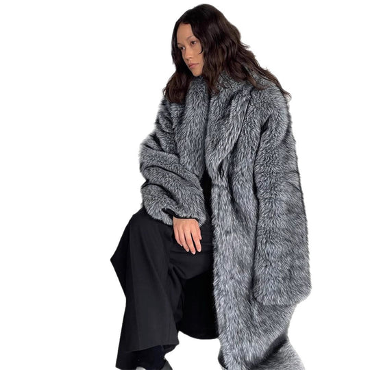 Damen Oversize langer Kunstpelz-Mantel mit voluminösen Ärmeln Nord Taschen