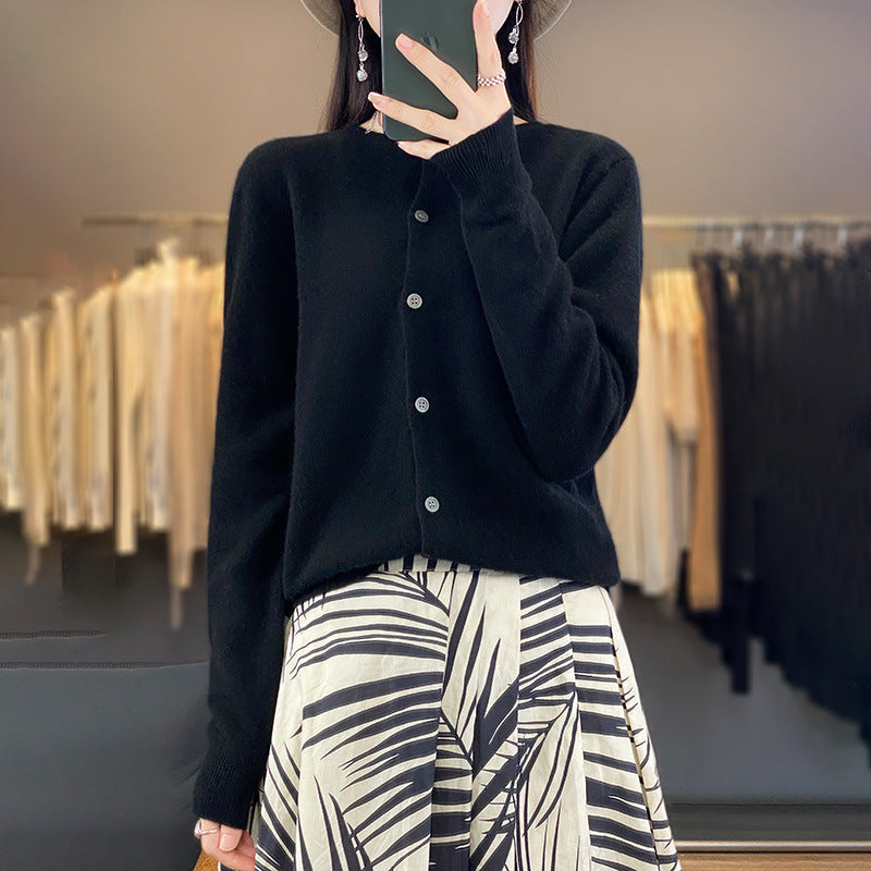 Damen Leichter Feinstrick-Cardigan mit Kaschmir‑Optik, Rundhalsausschnitt und verdeckter Knopfleiste Nord Taschen