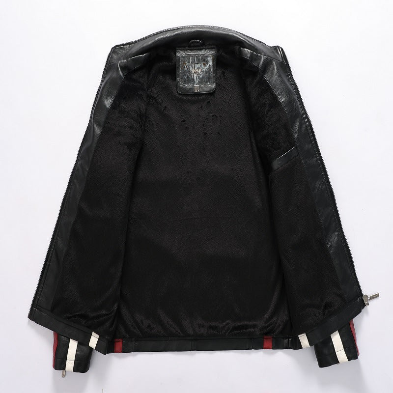 Herren Racing-Style Kunstlederjacke mit Aufnähern, Kontraststreifen und Stehkragen Nord Taschen