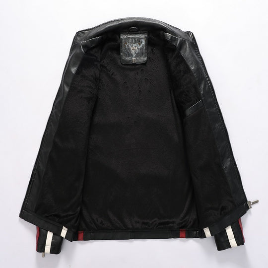 Herren Racing-Style Kunstlederjacke mit Aufnähern, Kontraststreifen und Stehkragen Nord Taschen