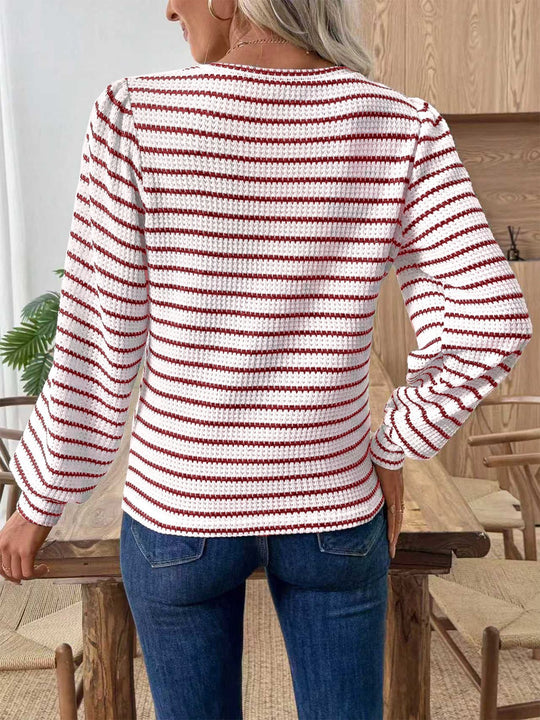 Damen Gestreifter Feinstrick-Pullover mitWaffelstruktur und Rundhalsausschnitt Nord Taschen