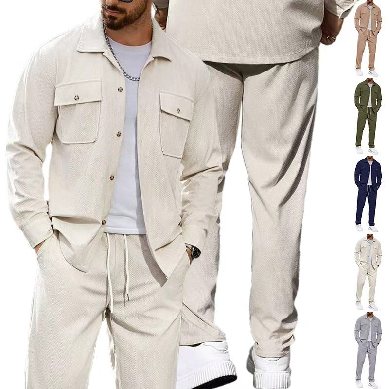 Herren nan lässiger Zweiteiler Hemdjacke mit aufgesetzten Brusttaschen und Kordelzughose