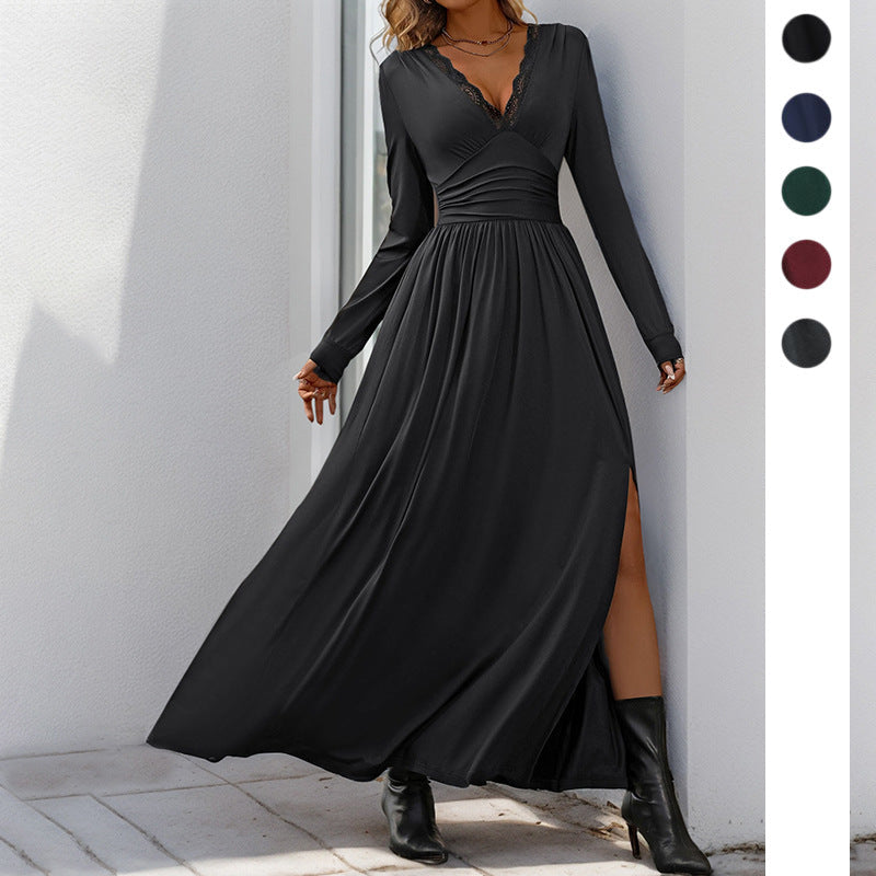 Damen Fließendes Maxikleid mit Spitzen‑V‑Ausschnitt, Wickel‑Taille und Seitenschlitz Nord Taschen
