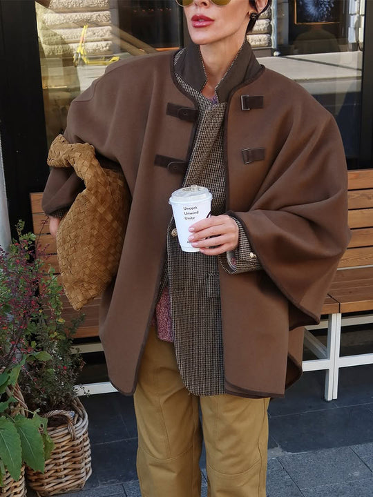 Damen Oversize Cape Mantel aus Wollmix mit hohem Stehkragen und Lederlaschen Nord Taschen
