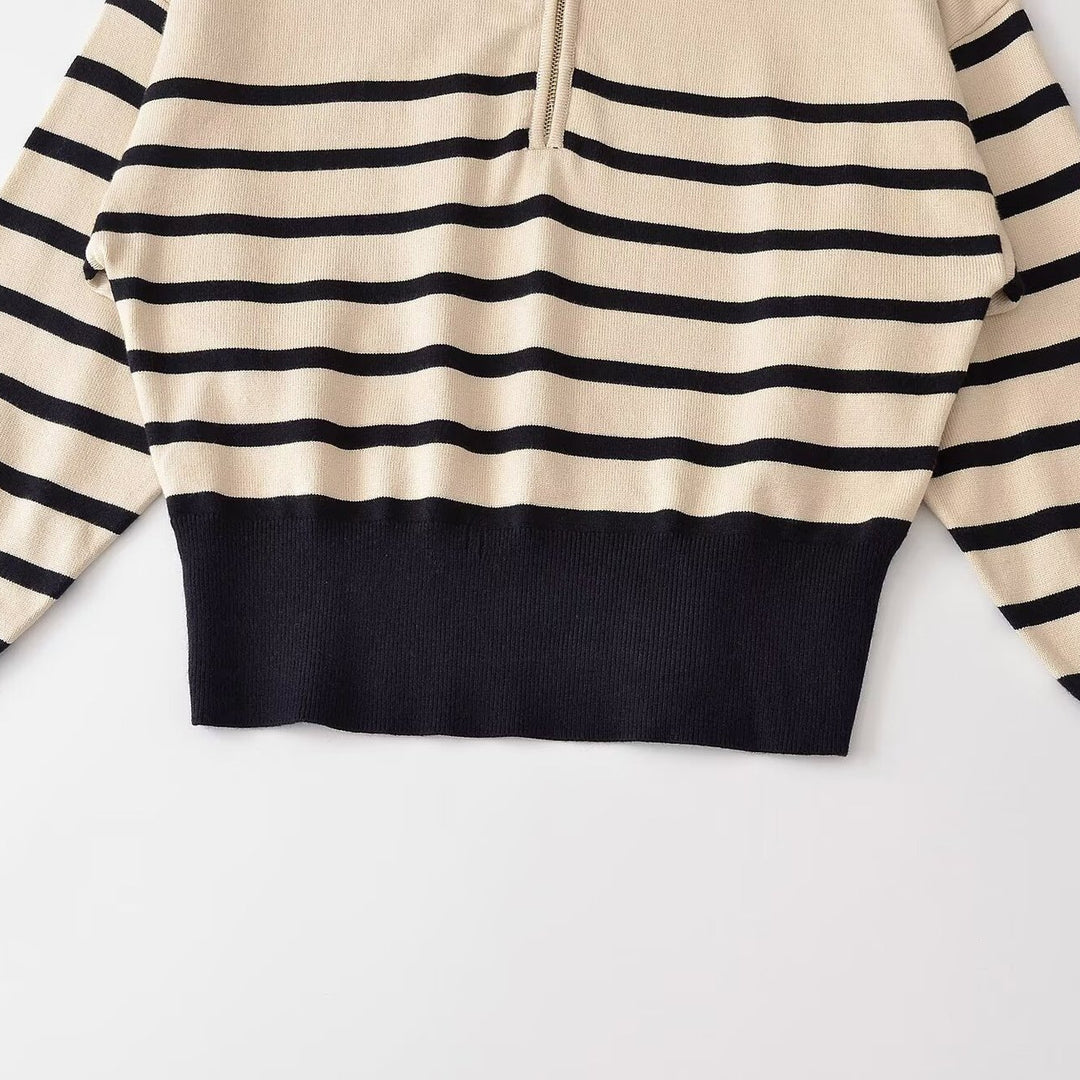 Damen Gestreifter Grobstrickpullover mit halbem Reißverschluss Nord Taschen