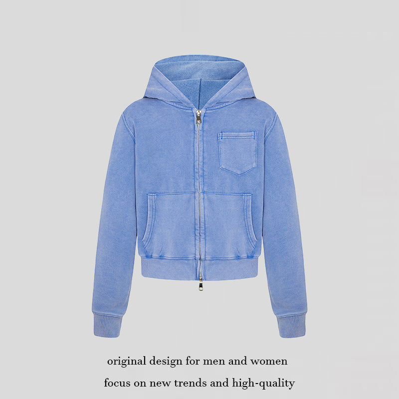 Damen Kurz geschnittene Kapuzen-Zipjacke aus garment-dyed Baumwollfleece mit Brusttasche Nord Taschen