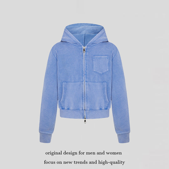 Damen Kurz geschnittene Kapuzen-Zipjacke aus garment-dyed Baumwollfleece mit Brusttasche Nord Taschen