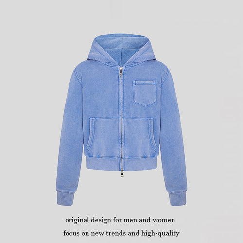Damen Kurz geschnittene Kapuzen-Zipjacke aus garment-dyed Baumwollfleece mit Brusttasche Nord Taschen